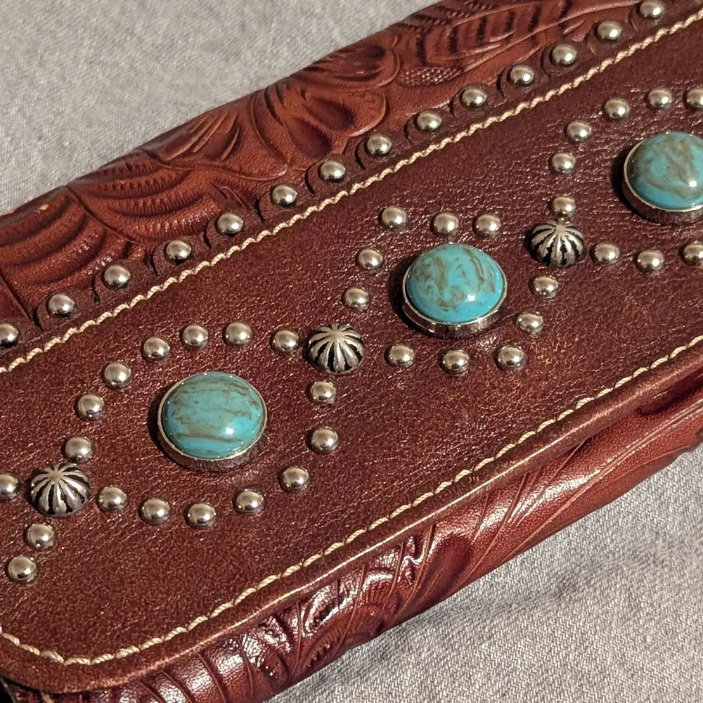 American West Brown Leather Shoulder Bag with Turquoise Accents - Picture 3 of 14